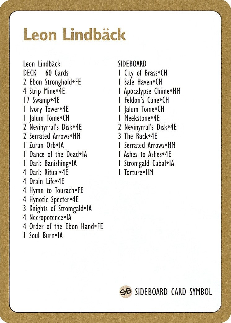 Image for 1996 Leon Lindback Decklist Card [World Championship Decks] - Magic: The Gathering