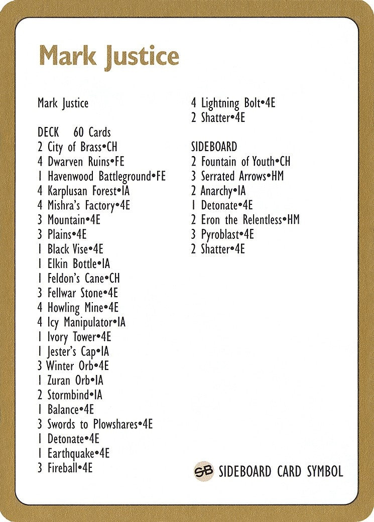 Image for 1996 Mark Justice Decklist Card [World Championship Decks] - Magic: The Gathering