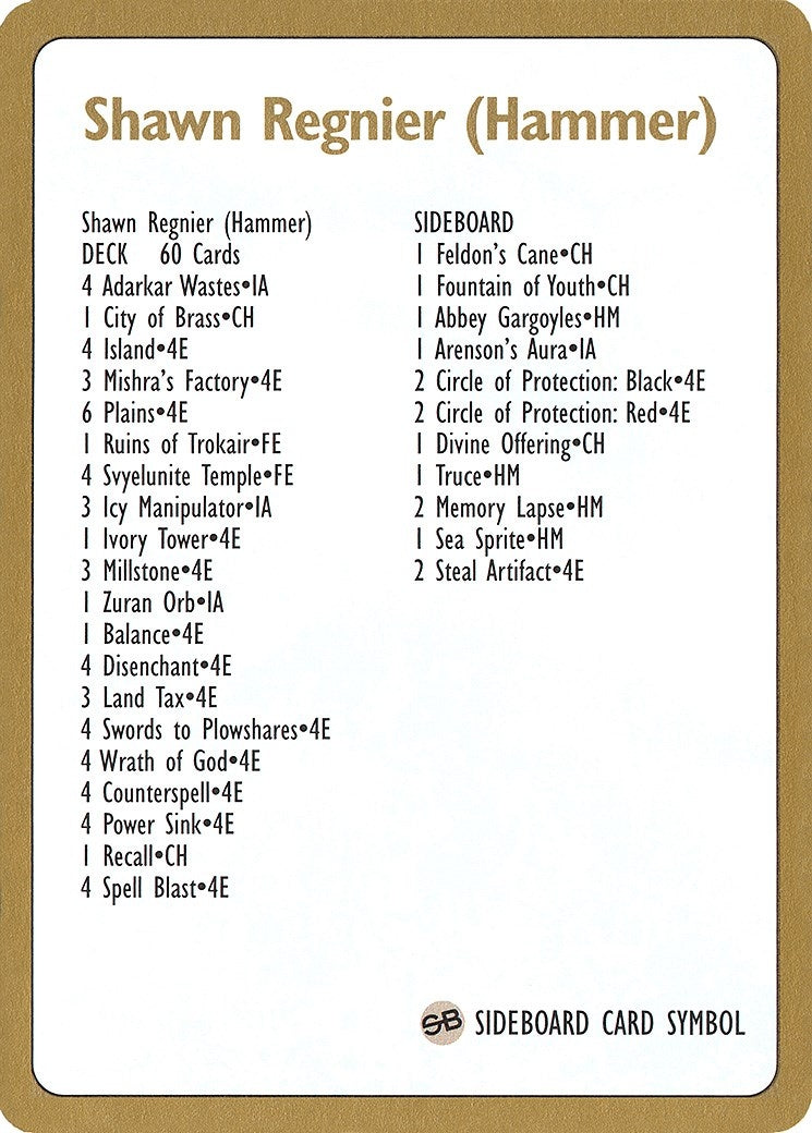 Image for 1996 Shawn "Hammer" Regnier Decklist Card [World Championship Decks] - Magic: The Gathering