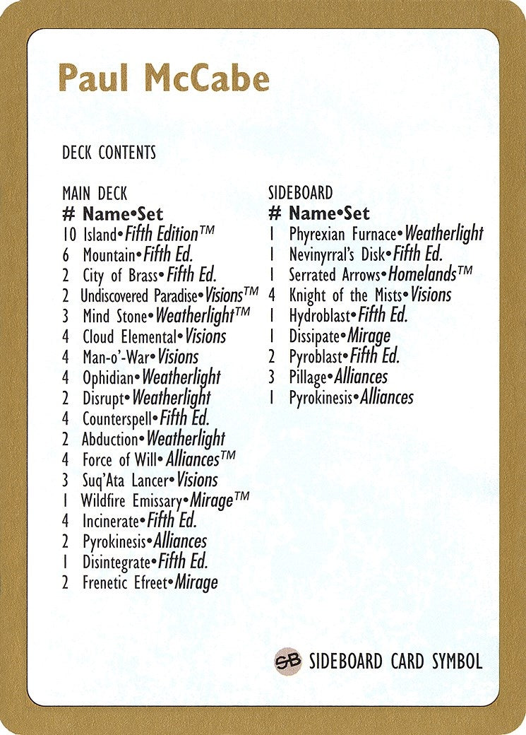 Image for 1997 Paul McCabe Decklist Card [World Championship Decks] - Magic: The Gathering