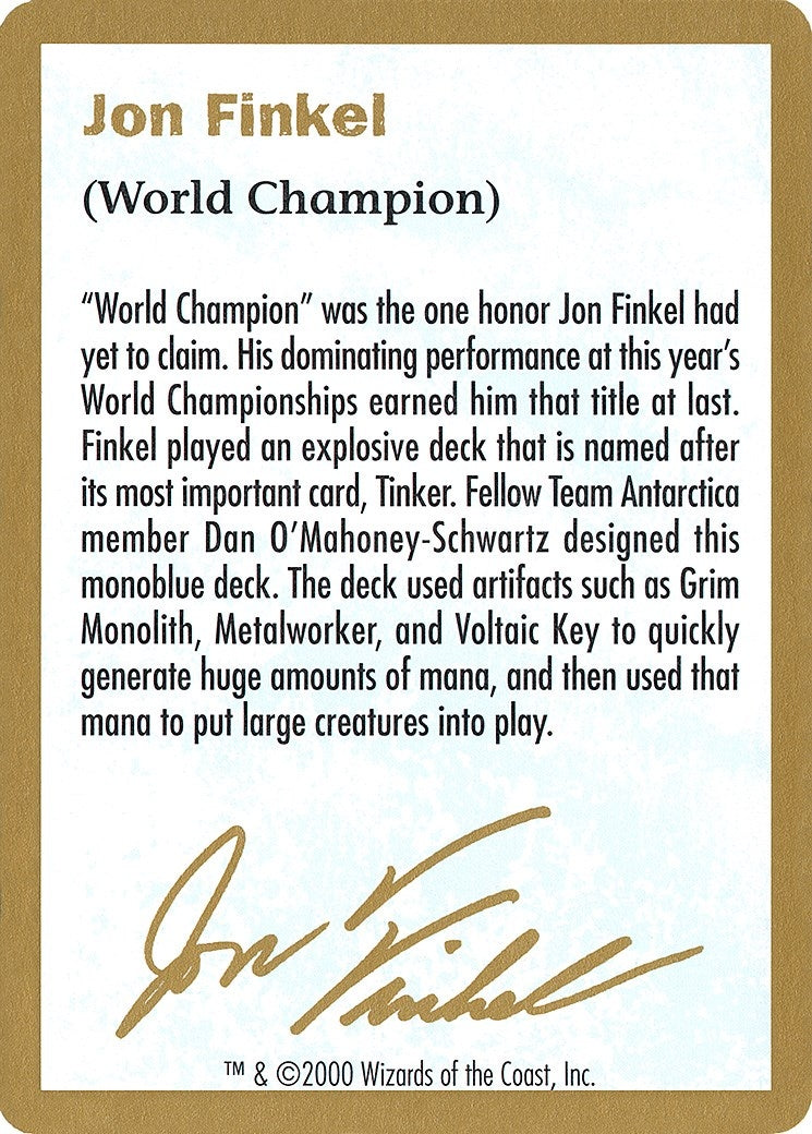 Image for 2000 Jon Finkel Biography Card [World Championship Decks] - Magic: The Gathering