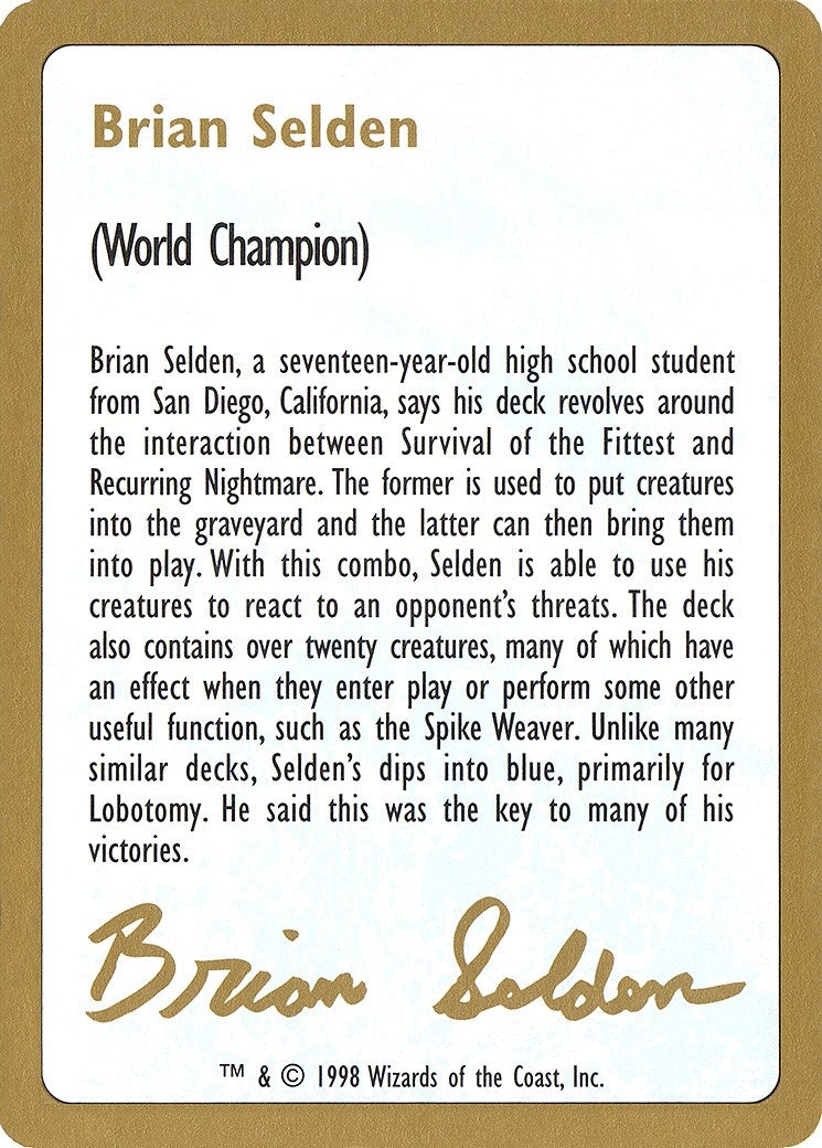 Image for 1998 Brian Selden Biography Card [World Championship Decks] - Magic: The Gathering