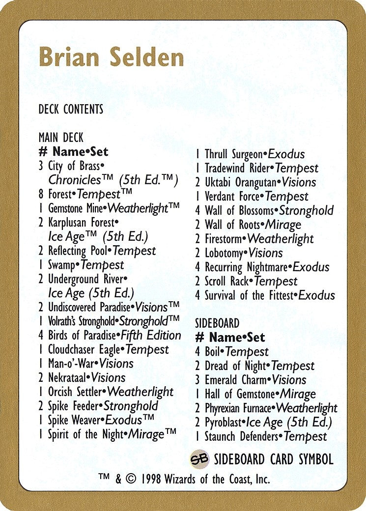 Image for 1998 Brian Selden Decklist Card [World Championship Decks] - Magic: The Gathering