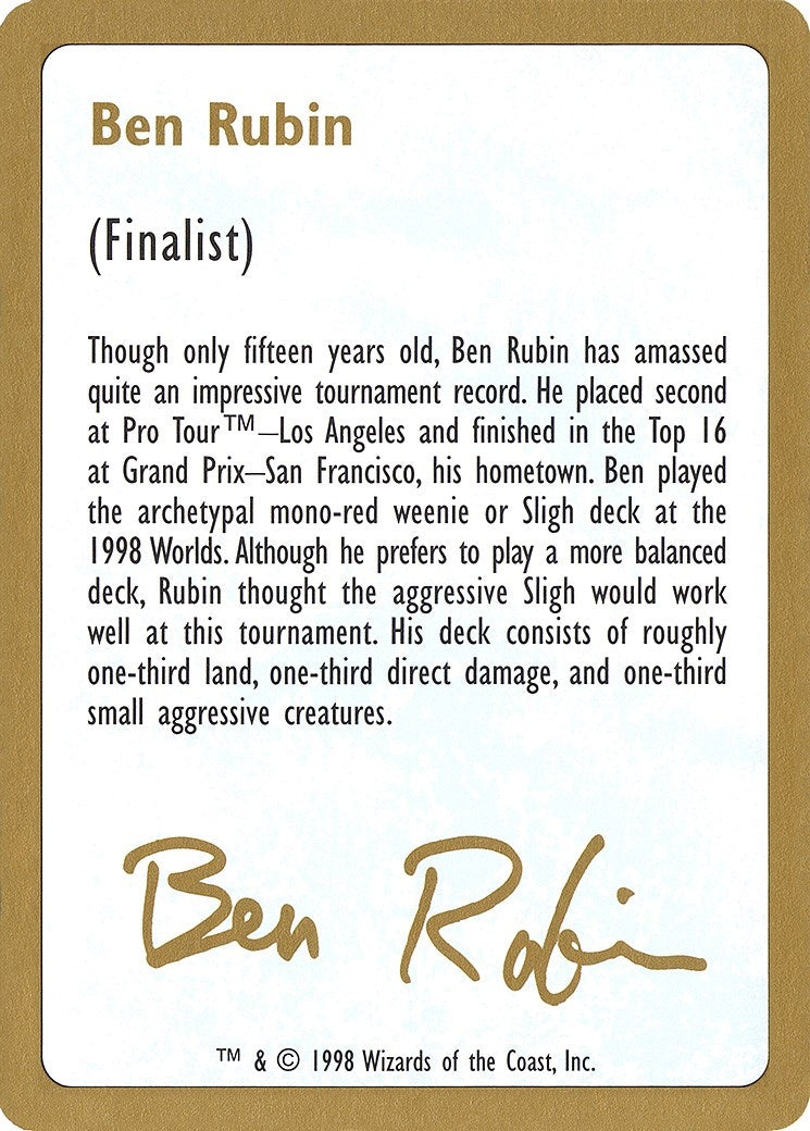 Image for 1998 Ben Rubin Biography Card [World Championship Decks] - Magic: The Gathering