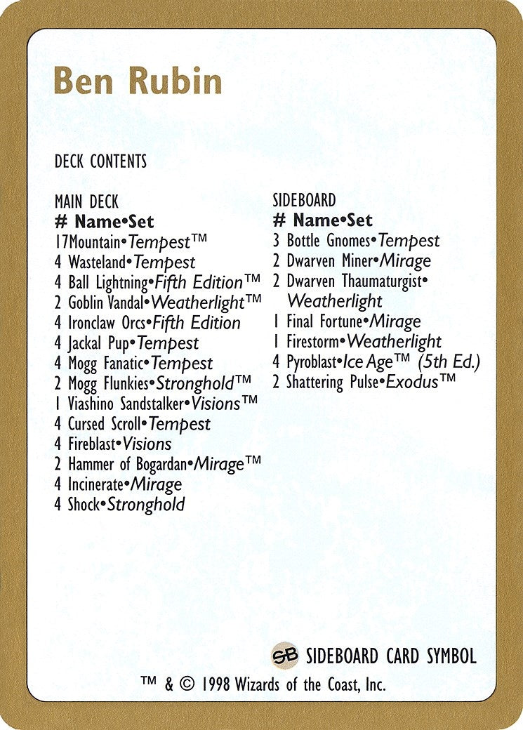 Image for 1998 Ben Rubin Decklist Card [World Championship Decks] - Magic: The Gathering