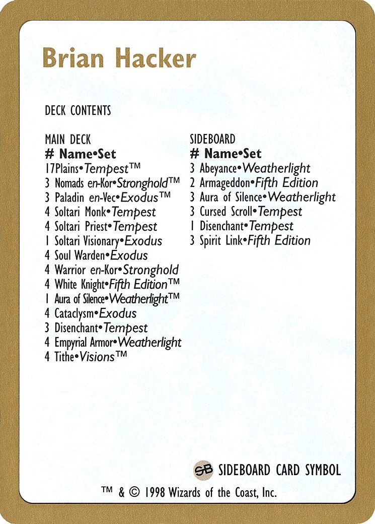 Image for 1998 Brian Hacker Decklist Card [World Championship Decks] - Magic: The Gathering
