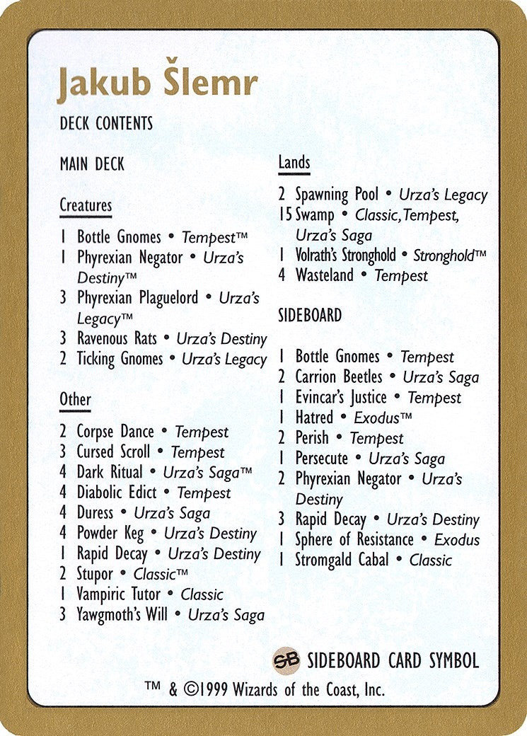 Image for 1999 Jakub Slemr Decklist Card [World Championship Decks] - Magic: The Gathering