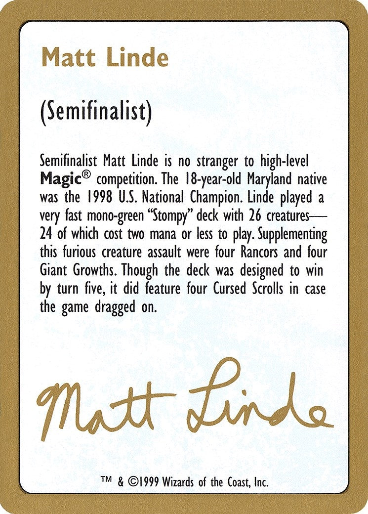 Image for 1999 Matt Linde Biography Card [World Championship Decks] - Magic: The Gathering