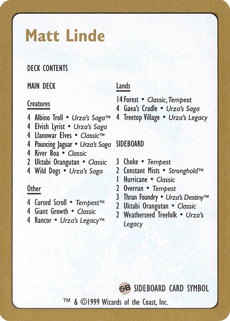 Image for 1999 Matt Linde Decklist Card [World Championship Decks] - Magic: The Gathering