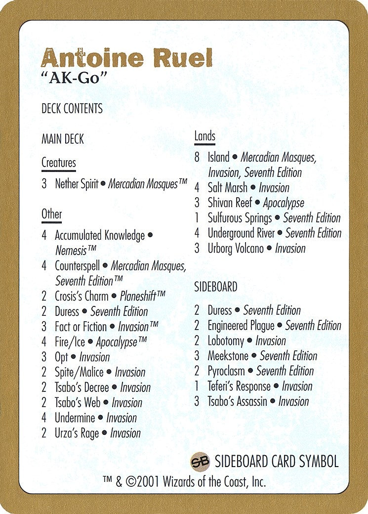 Image for 2001 Antoine Ruel Decklist Card [World Championship Decks] - Magic: The Gathering
