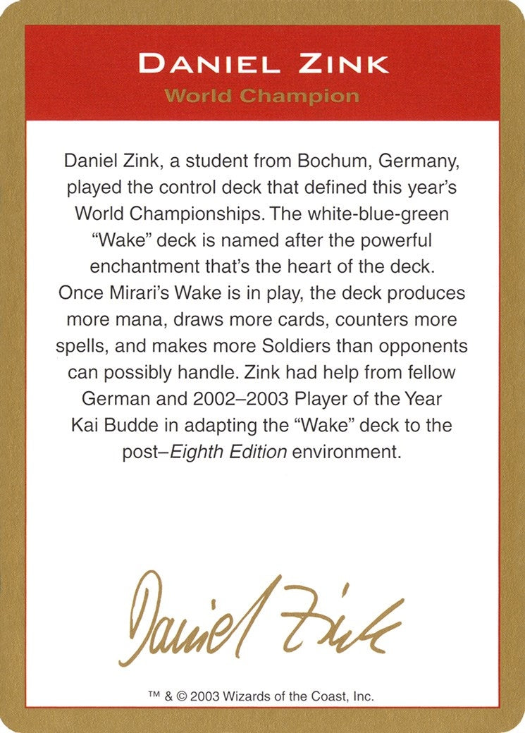 Image for 2003 Daniel Zink Biography Card [World Championship Decks] - Magic: The Gathering