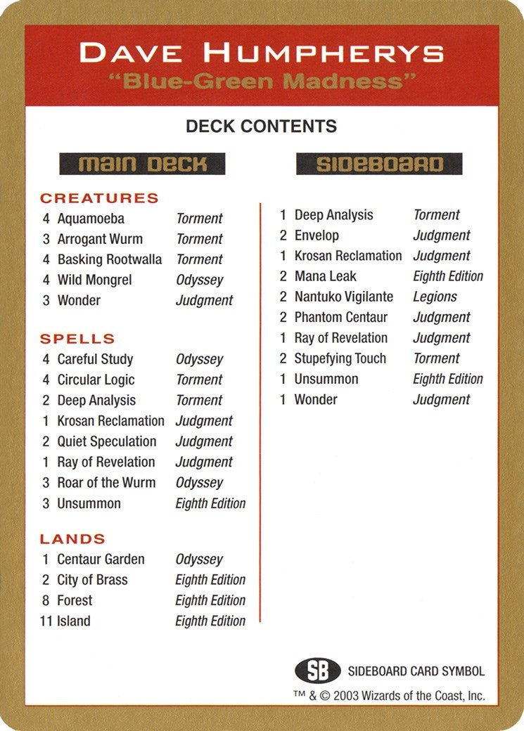 Image for 2003 Dave Humpherys Decklist Card [World Championship Decks] - Magic: The Gathering