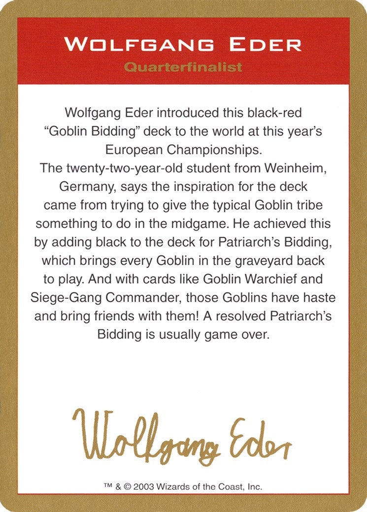 Image for 2003 Wolfgang Eder Biography Card [World Championship Decks] - Magic: The Gathering