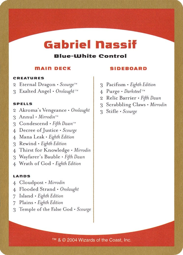 Image for 2004 Gabriel Nassif Decklist Card [World Championship Decks] - Magic: The Gathering