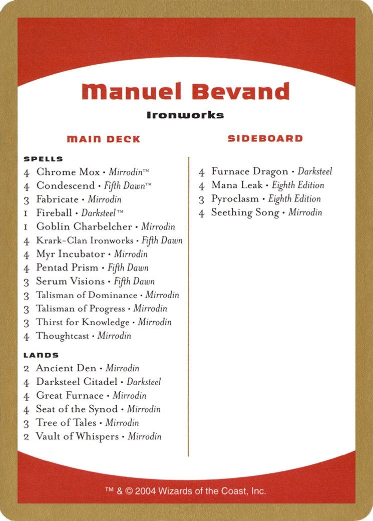 Image for 2004 Manuel Bevand Decklist Card [World Championship Decks] - Magic: The Gathering