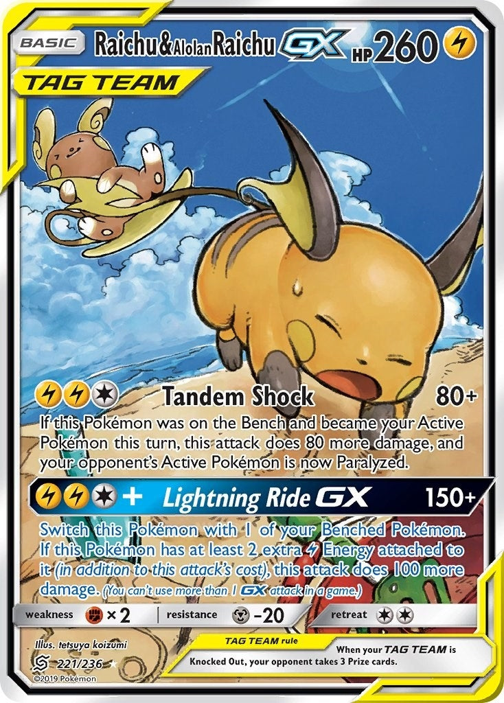 Image for Raichu & Alolan Raichu GX (Alternate Full Art) (221/236) [SM - Unified Minds] - Pokemon