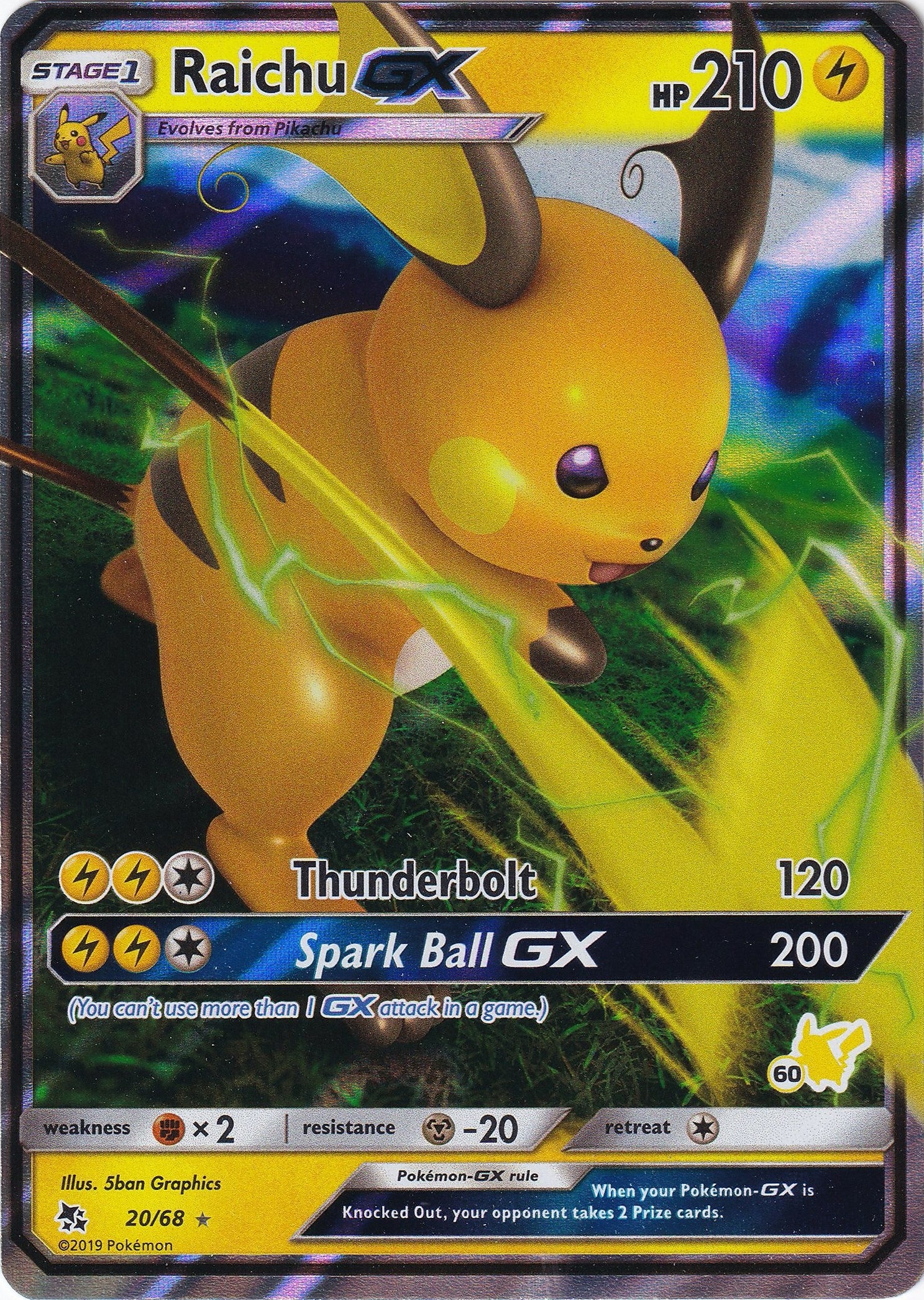 Image for Raichu GX - 20/68 (#60 Pikachu Stamped) (020/068) [Battle Academy] - Pokemon