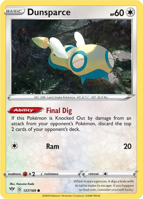 Image for Dunsparce (137/189) [SWSH03: Darkness Ablaze] - Pokemon