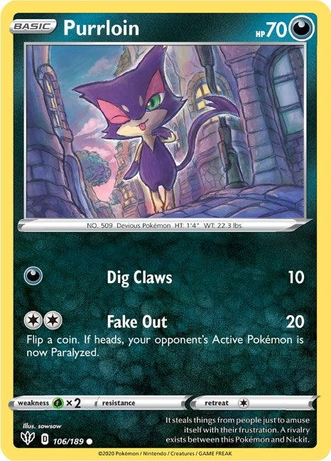 Image for Purrloin (106/189) [SWSH03: Darkness Ablaze] - Pokemon