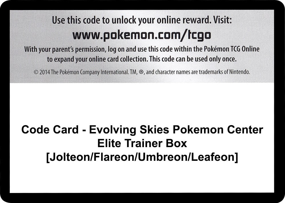 Image for Code Card - Evolving Skies Pokemon Center Elite Trainer Box [Jolteon/Flareon/Umbreon/Leafeon] [SWSH07: Evolving Skies] - Pokemon