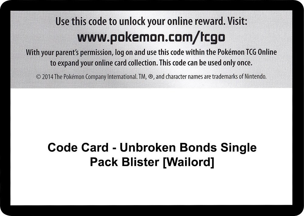 Image for Code Card - Unbroken Bonds Single Pack Blister [Wailord] [SM - Unbroken Bonds] - Pokemon