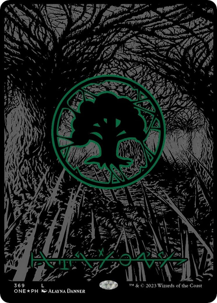 Image for Forest (Phyrexian) - Full Art (Oil Slick Raised Foil) (369) [Phyrexia: All Will Be One] - Magic: The Gathering