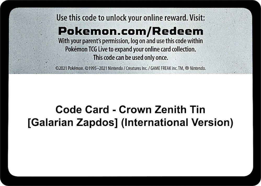 Image for Code Card - Crown Zenith Tin [Galarian Zapdos] (International Version) [Crown Zenith] - Pokemon