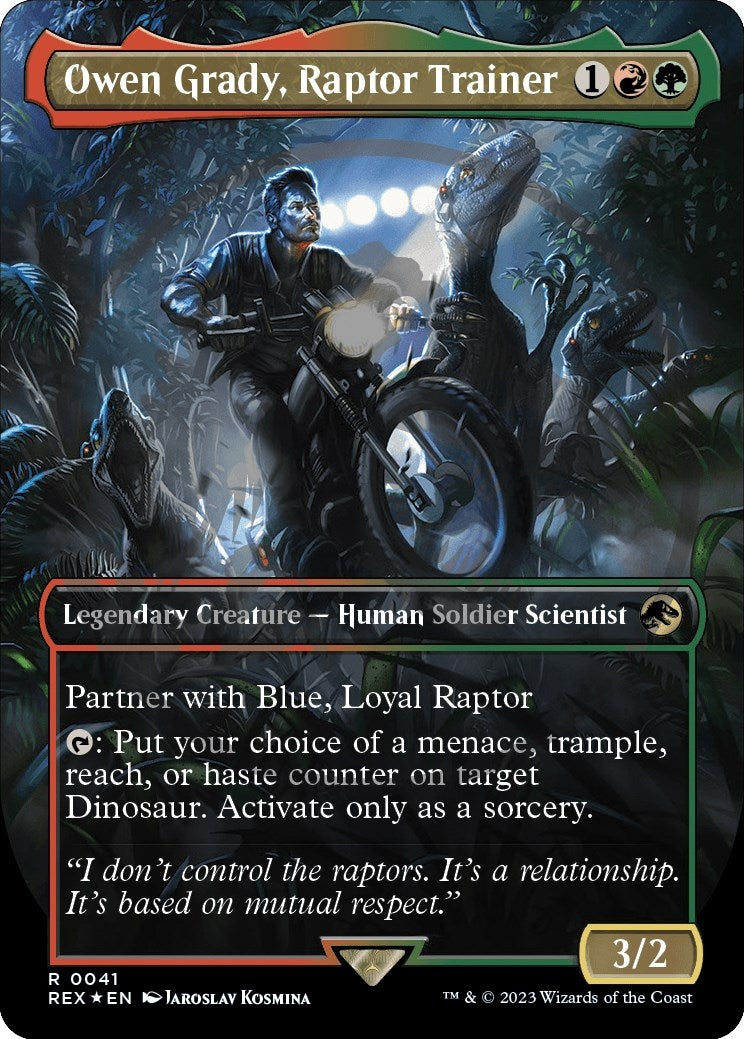Image for Owen Grady, Raptor Trainer (Borderless) (Emblem) (41) [Universes Beyond: Jurassic World Collection] - Magic: The Gathering