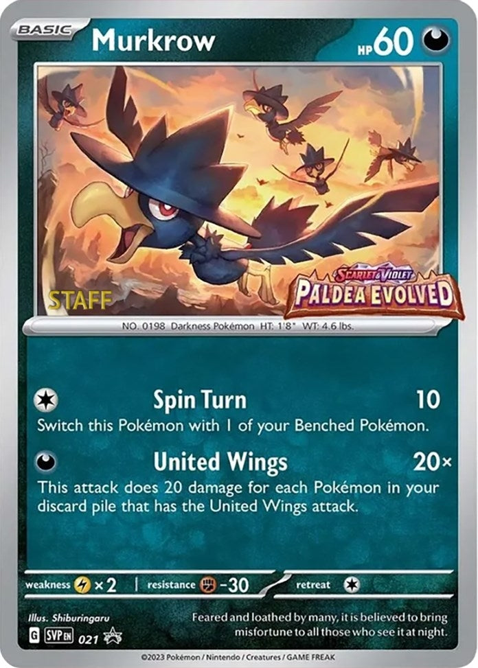Image for Murkrow - 021 (Prerelease) [Staff] (021) [SV: Scarlet & Violet Promo Cards] - Pokemon