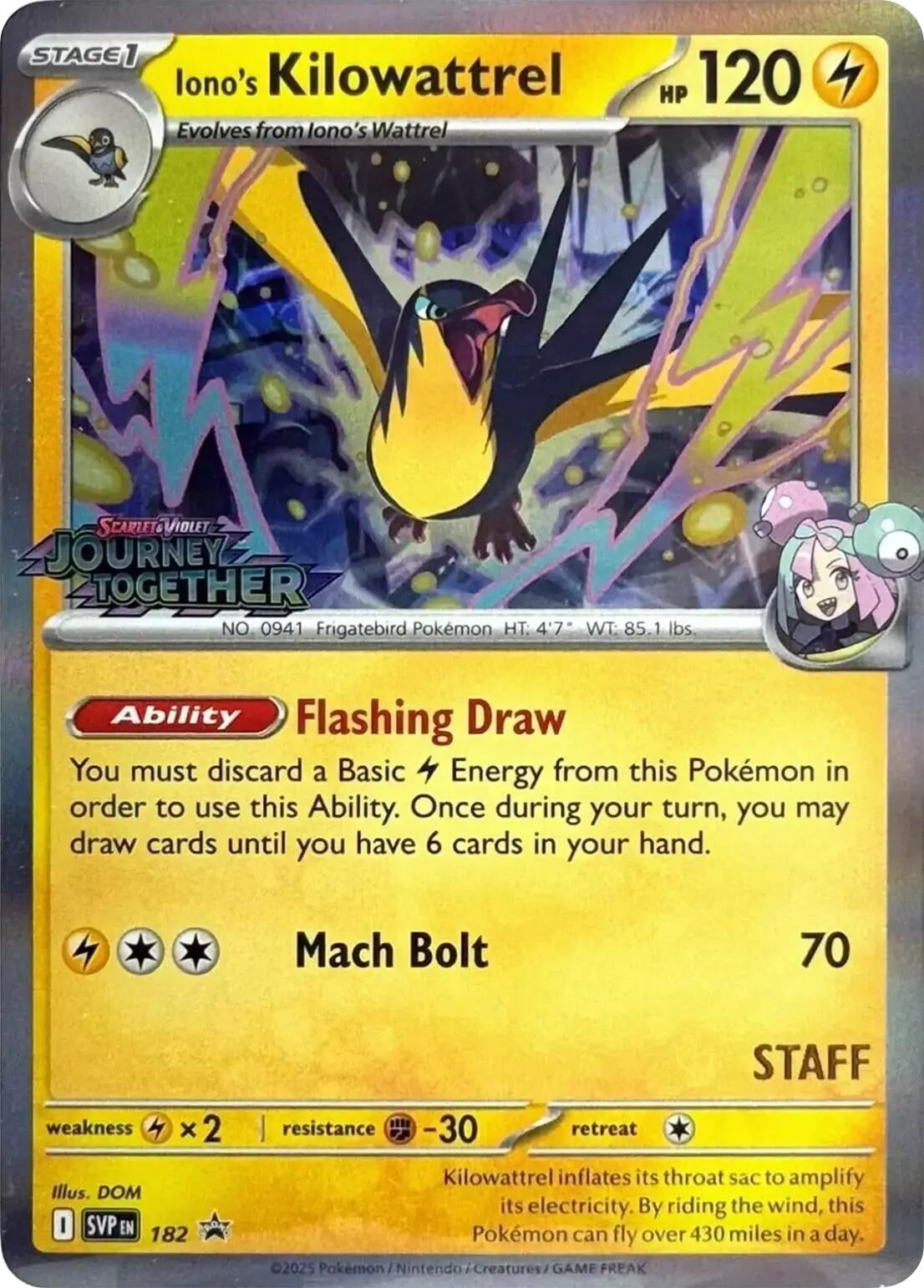 Image for Iono's Kilowattrel - 182 (Prerelease) [Staff] (182) [SV: Scarlet & Violet Promo Cards] - Pokemon