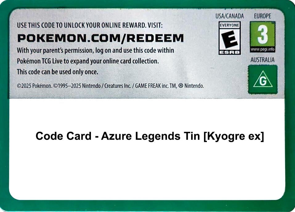 Code Card - Azure Legends Tin [Kyogre ex] [Miscellaneous Cards & Products]